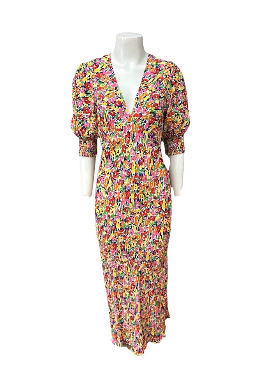 RIXO Target Floral Bias Cut Dress Sz 6 Puff Sleeve V Neck Viscose -